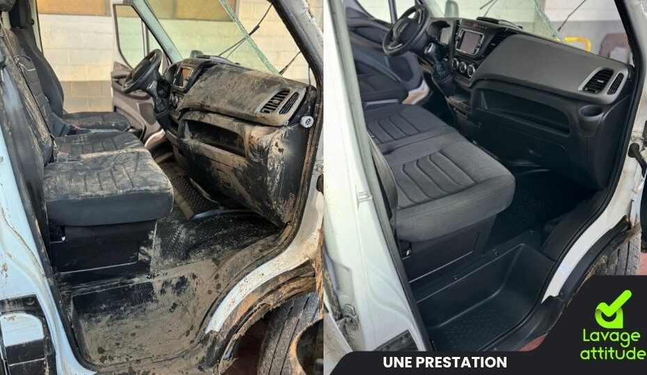 Lavage intérieur d'un utilitaire coté passagé avant prestation et après prestation de lavage auto