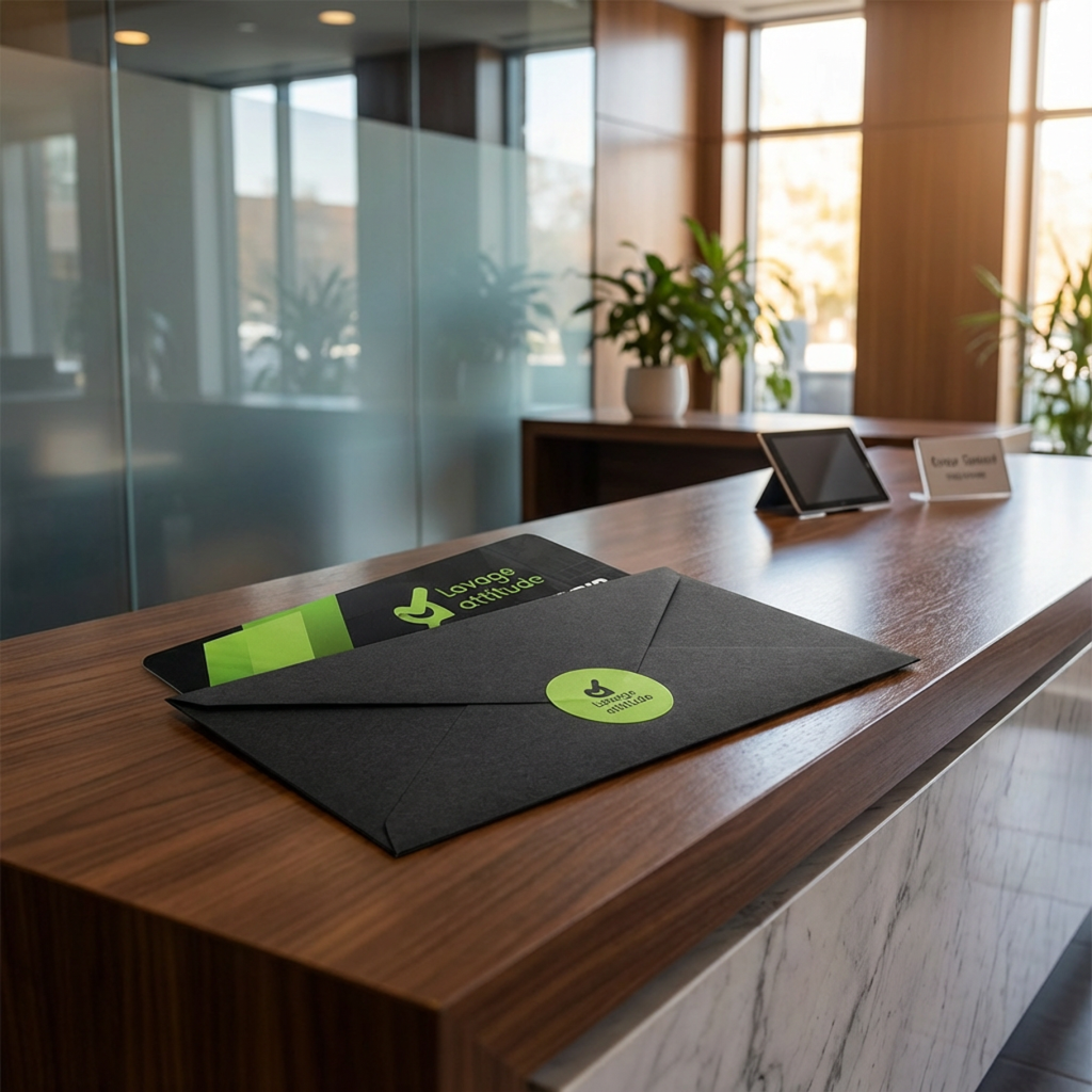 Visuel d'une carte cadeau lavage attitude posé sur un comptoire d'accueil d'entreprise