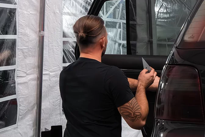 application d'un film teinté sur une vitre de voiture
